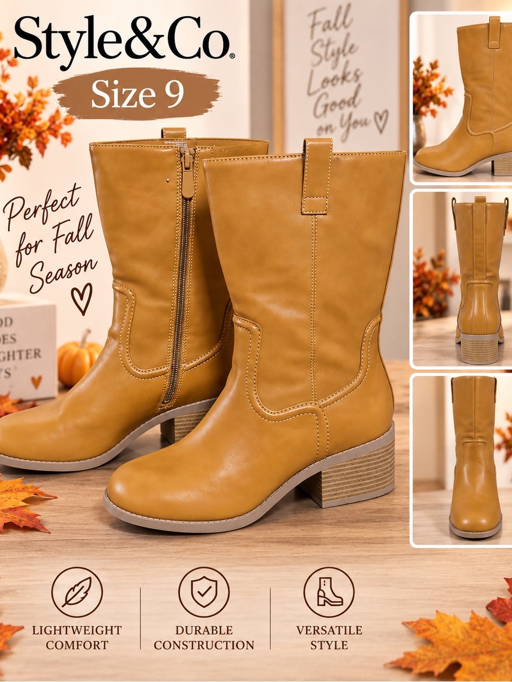 Style & Co. Women's Mustard-Tan Mid-Calf Block Heel Boots